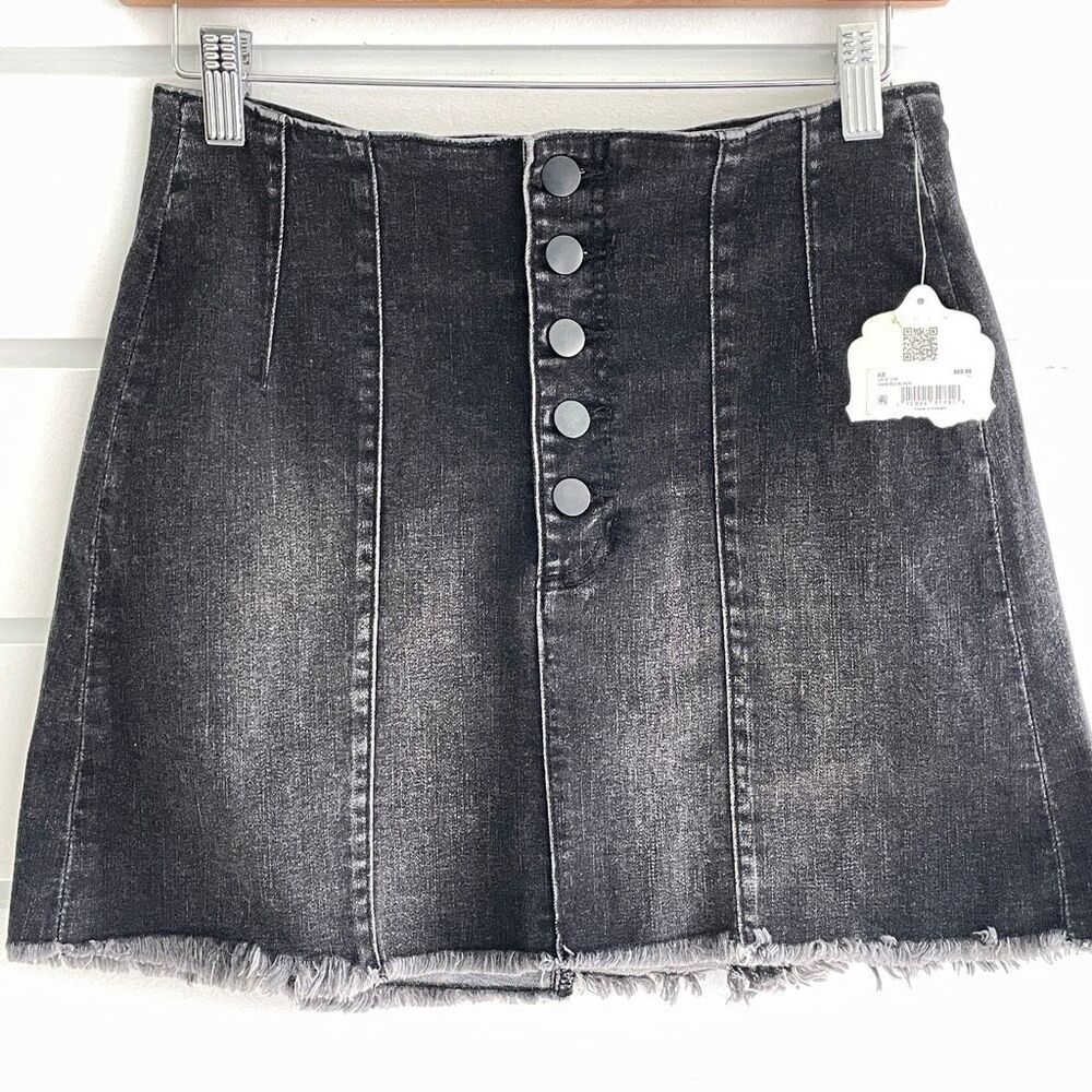 Altar'd State Women's Washed Black Frayed Hem Button Fly Denim Skirt Medium NWT